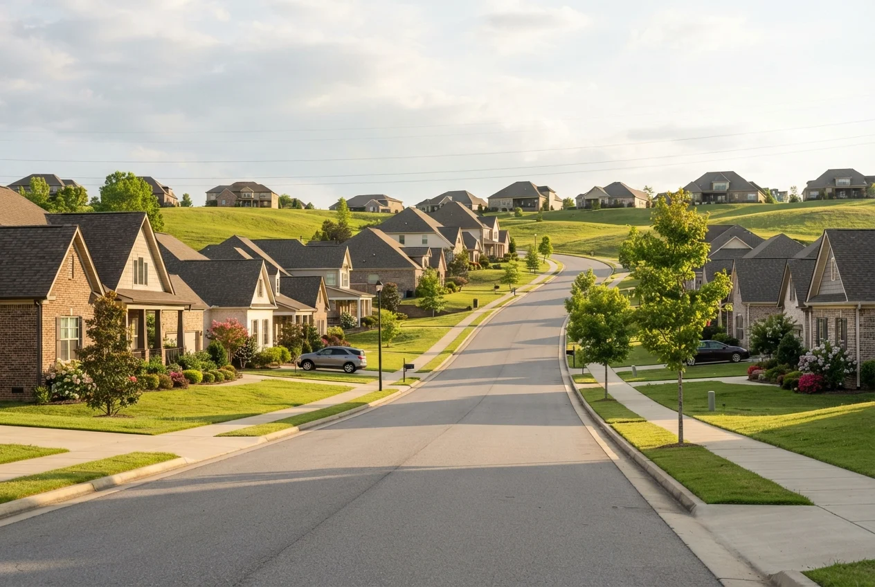 Curving residential street lined with houses, lawns, sidewalks, trees, and rolling green hills.