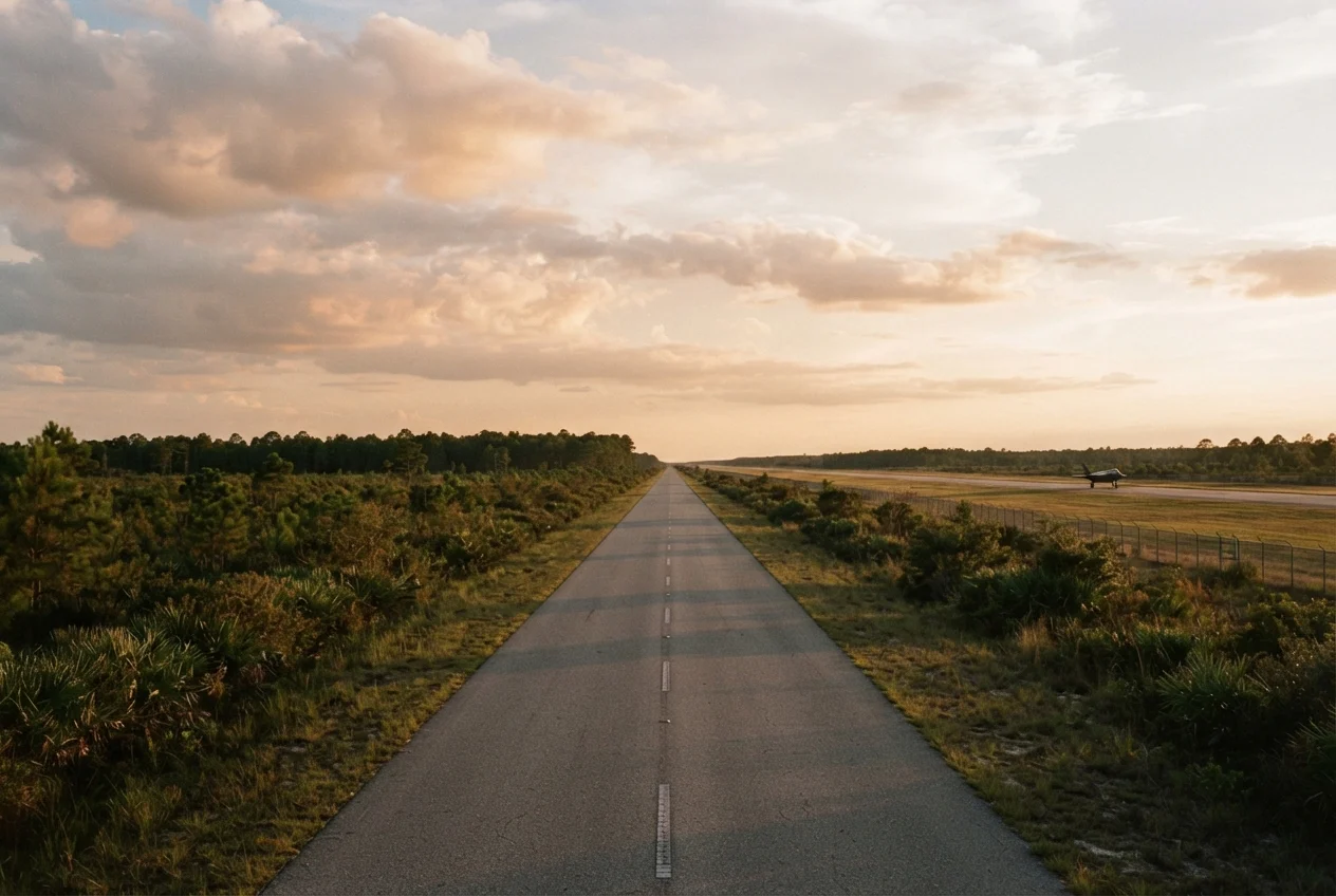 Straight paved road leading toward a distant airfield and small aircraft beneath a warm cloudy sky.