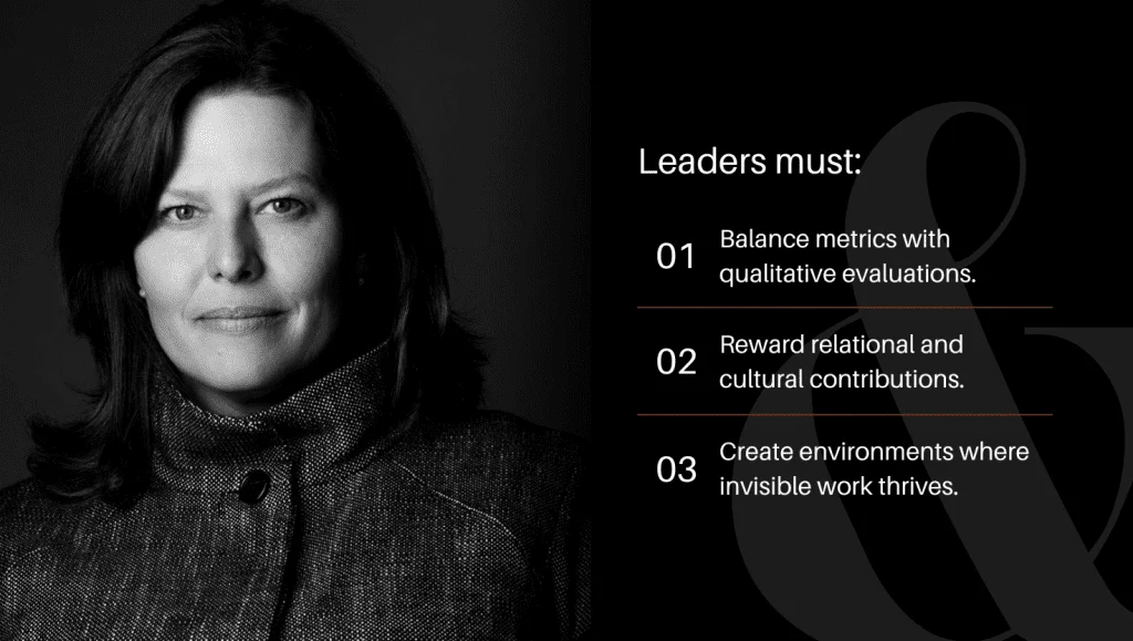 Leadership advice graphic highlighting that leaders must balance metrics with qualitative evaluations, reward cultural contributions.