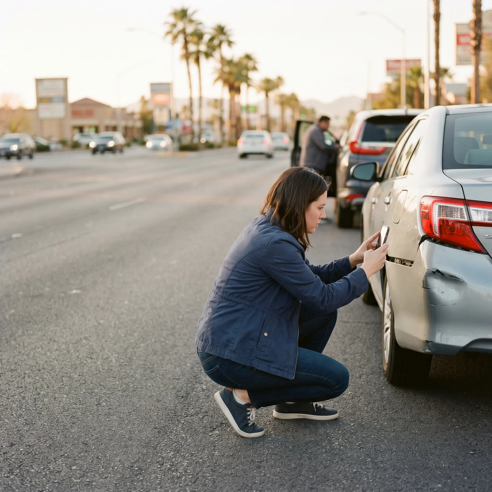 Una persona agachada al borde de una carretera de Las Vegas fotografiando el daño trasero de su auto tras una colisión