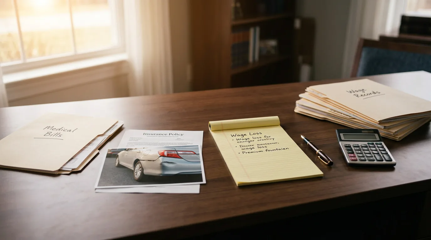 Evidencia de un acuerdo por accidente de auto organizada sobre un escritorio: facturas médicas, foto del daño al vehículo, notas de pérdida salarial, una póliza de seguro y una calculadora