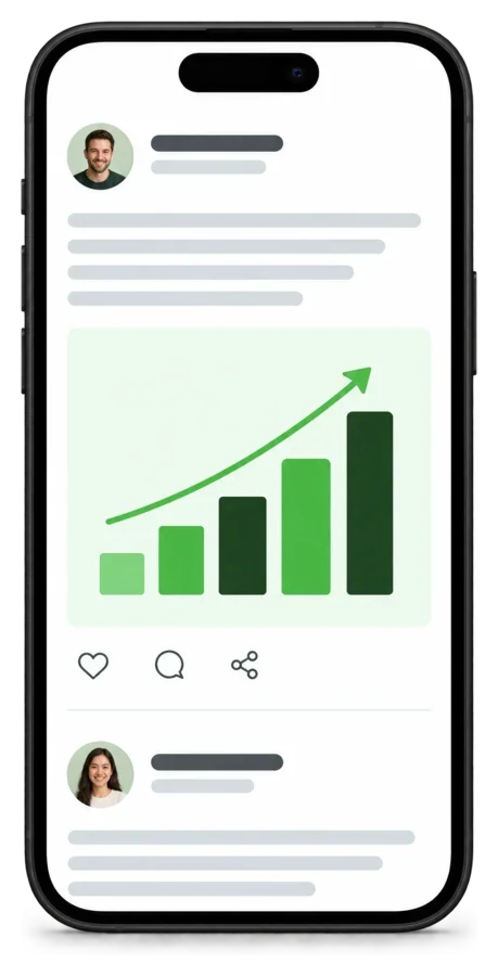 A phone showing a founder post with a growth chart in a social feed