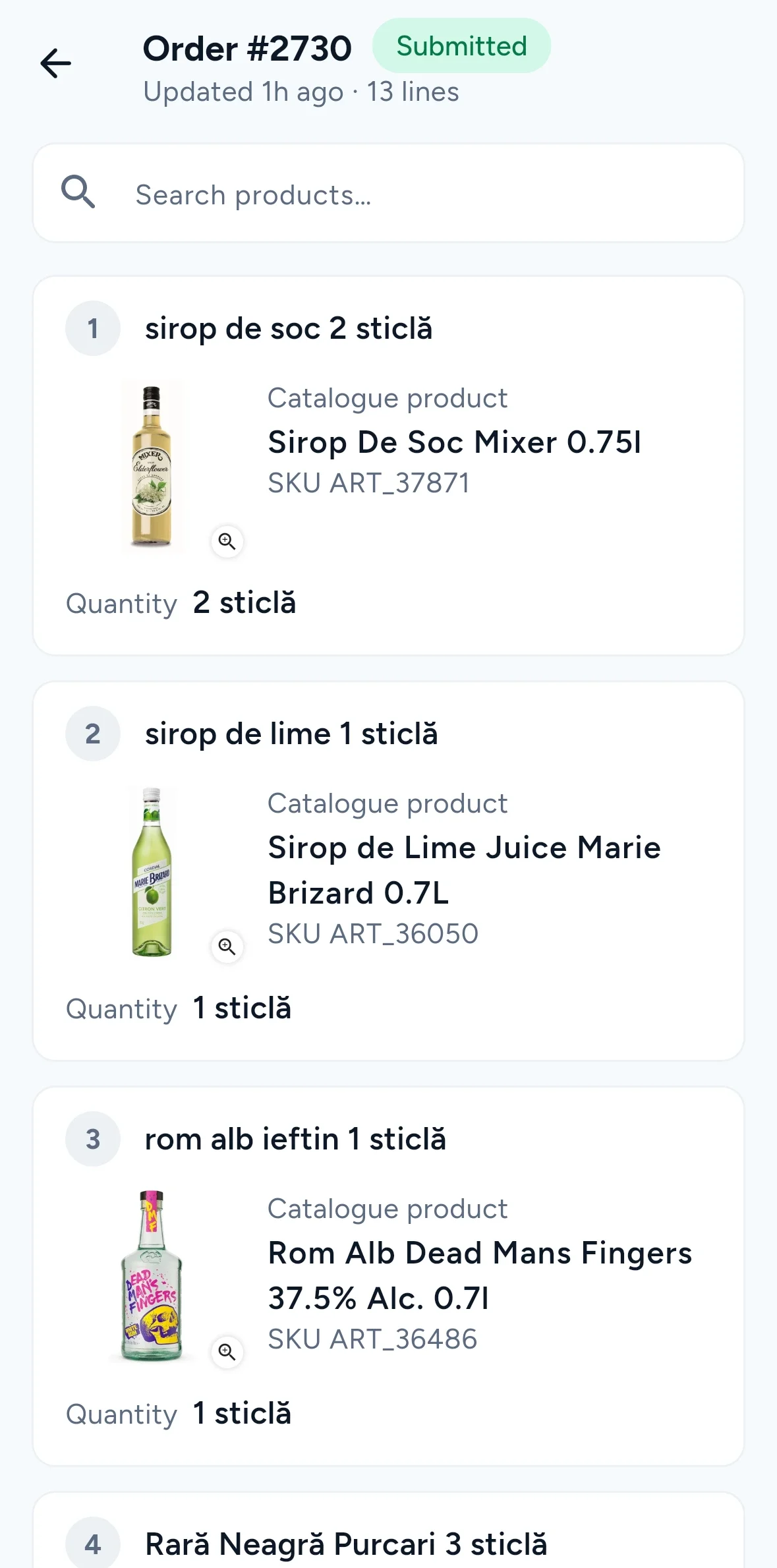 Order #2730 catalog matches showing product names, SKUs and quantities.
