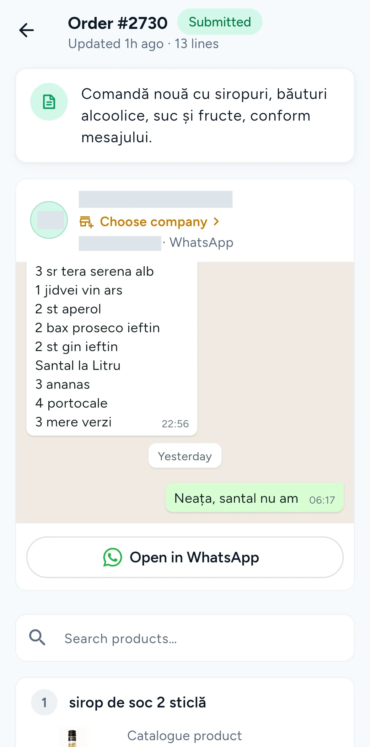 Order #2730 original WhatsApp message inside evolio.ai, with contact details hidden.