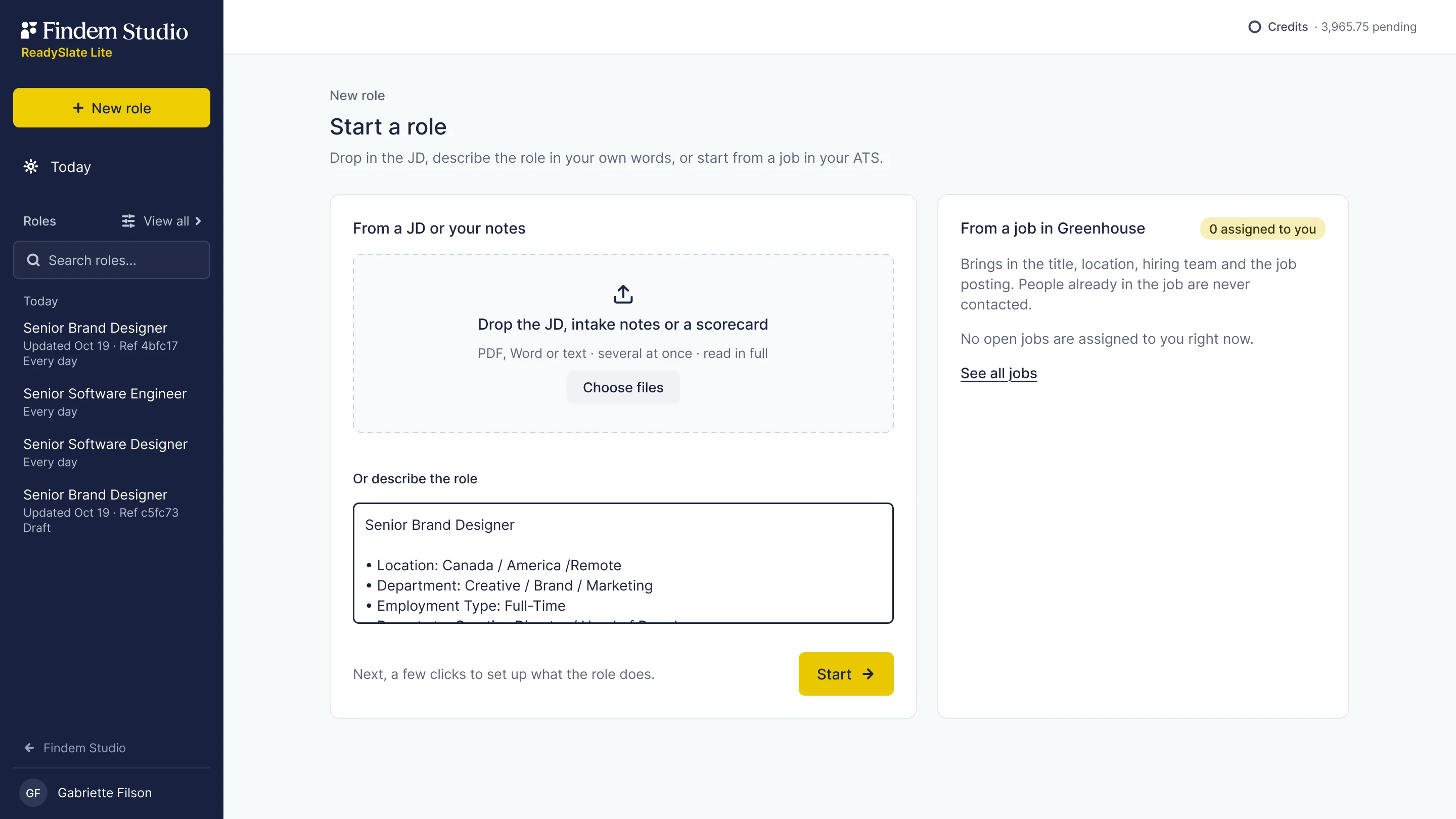 ReadySlate Lite Start a role screen with a file drop for the JD, intake notes, or a scorecard, a box to describe the role, and an option to start from a job in Greenhouse