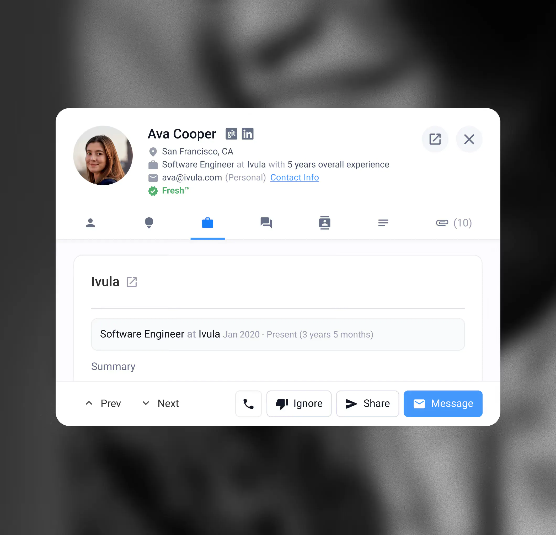 Profile card of Ava Cooper, Software Engineer at Ivula in San Francisco with 5 years experience, showing contact info and job details.