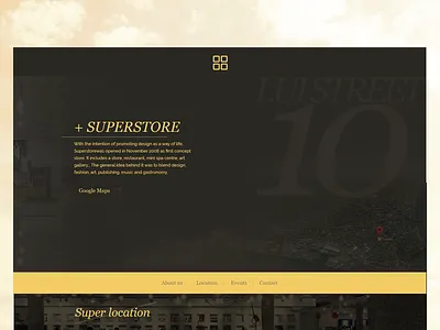 Dark website layout with gold accents highlighting a concept store description and location