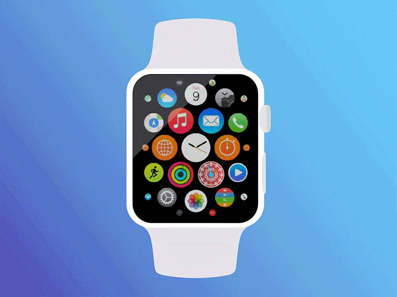 White smartwatch displaying a grid of application icons on a blue gradient background