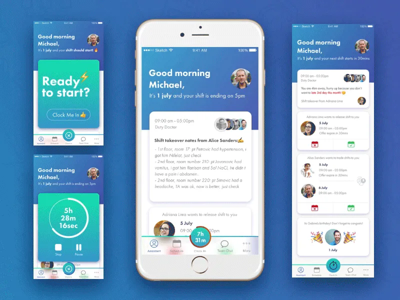 Medical shift-management mobile app with shift tracking, clock-in, and patient handover notes