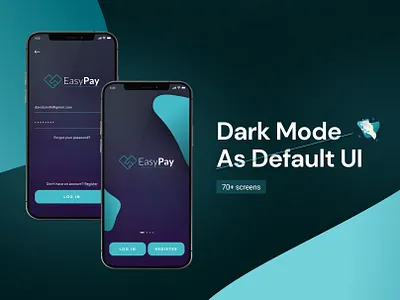 EasyPay dark mode login and onboarding screens on smartphone mockups
