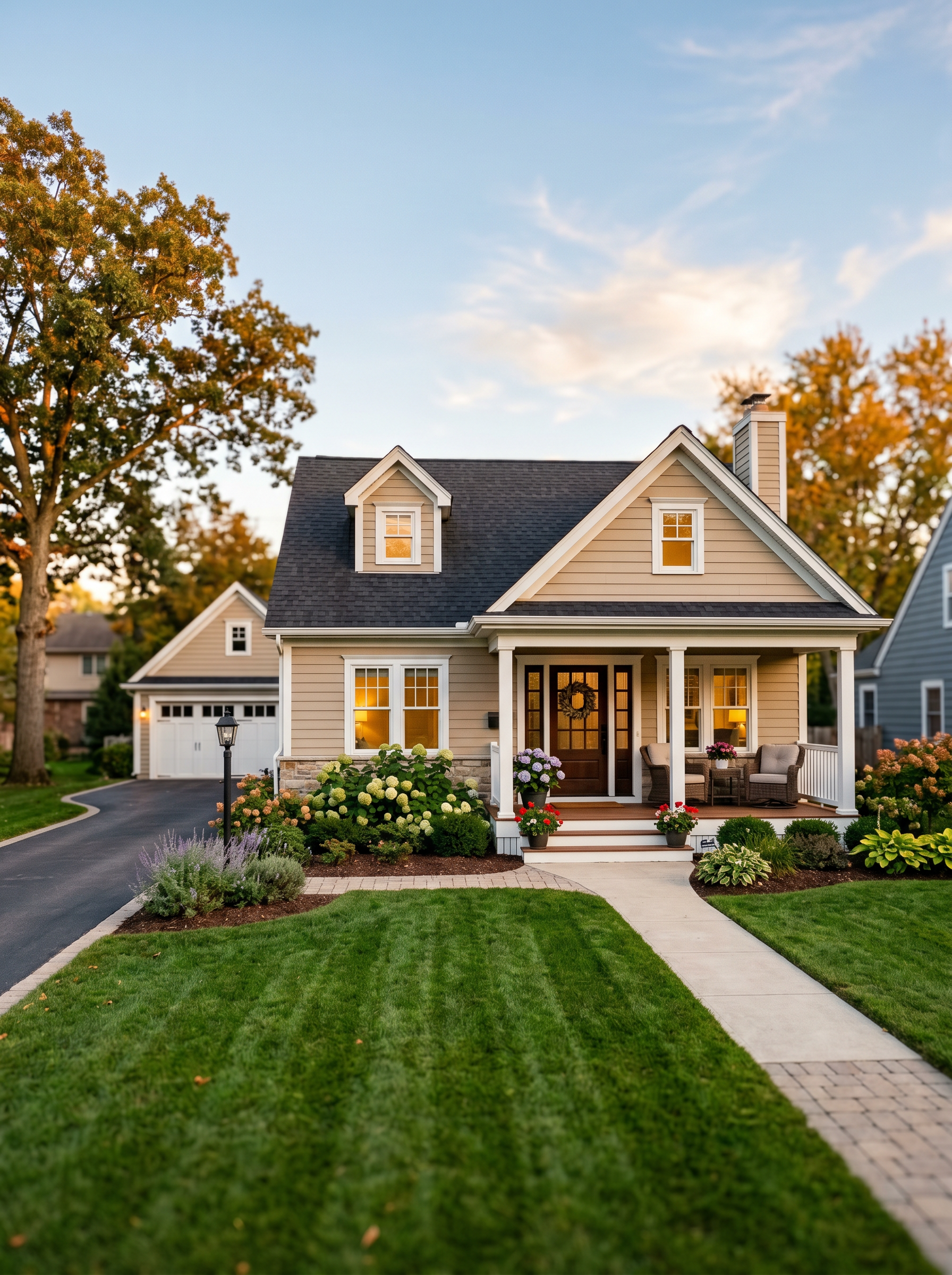 A welcoming suburban home at golden hour
