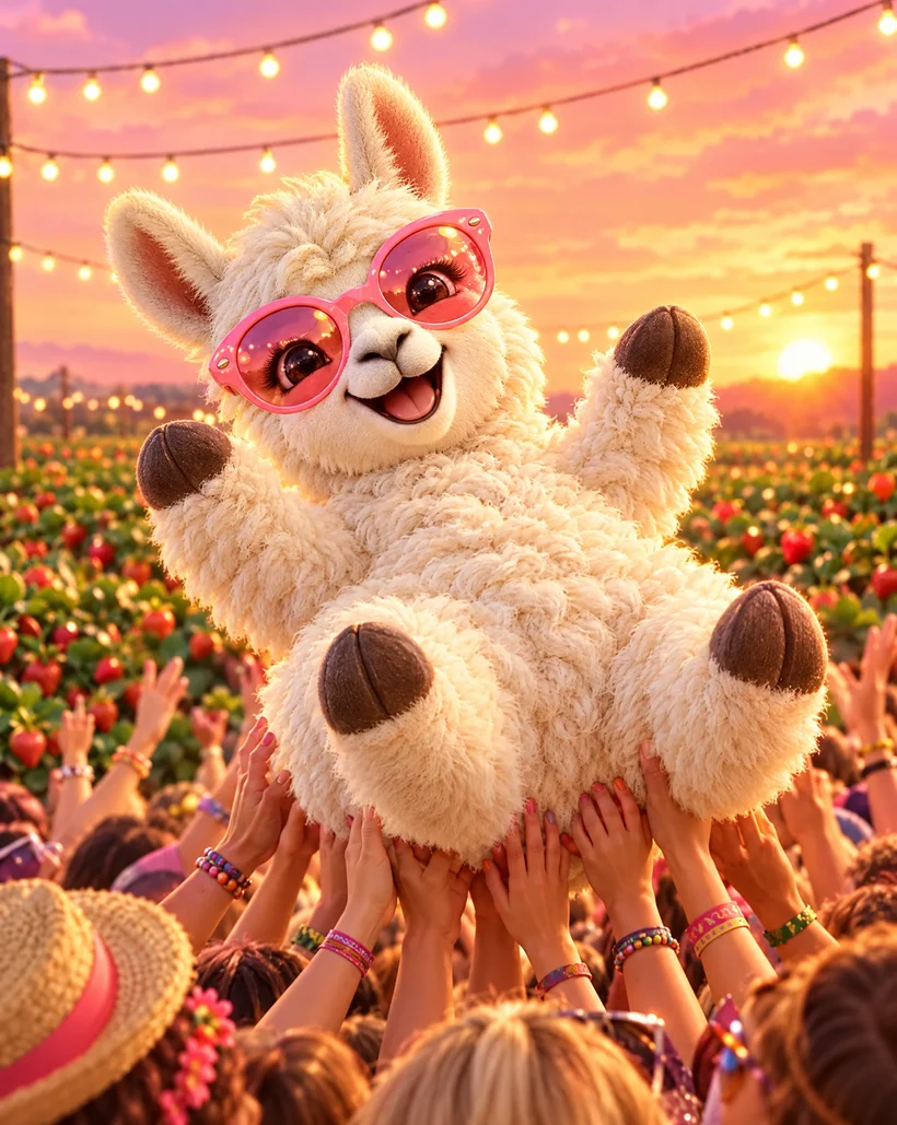 Llama crowdsurfing over a happy crowd