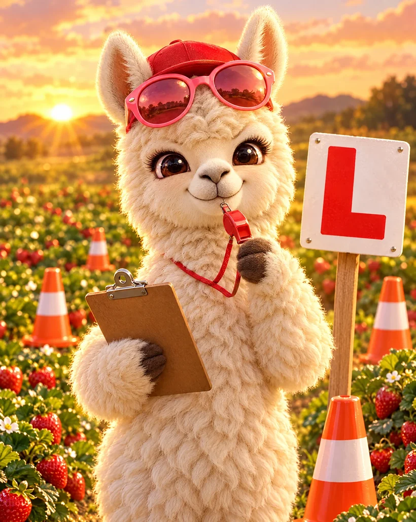 Strict llama driving instructor with a clipboard