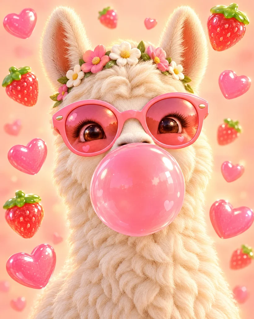 Llama with sunglasses blowing a pink strawberry bubblegum bubble