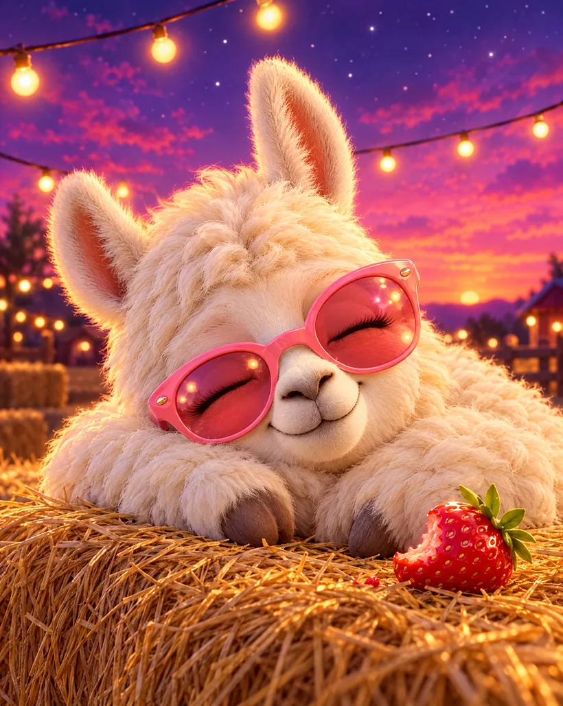 Llama napping in the field after the party