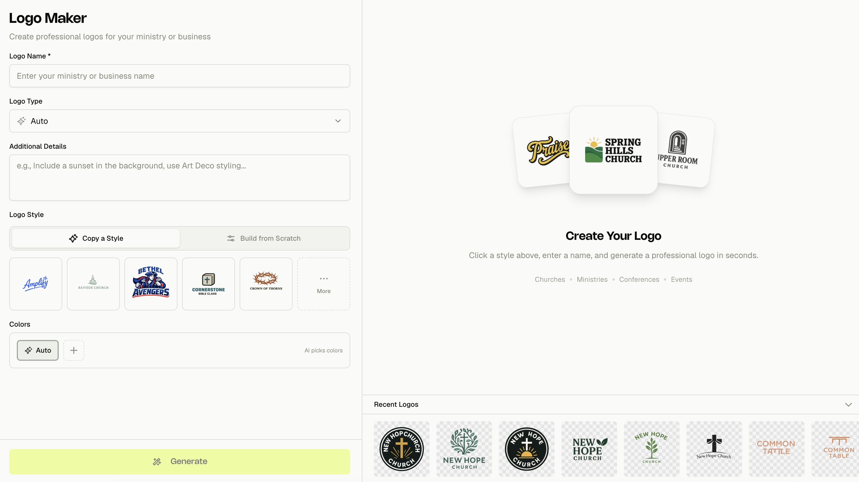 Church Canvas Logo Maker interface with church logo examples
