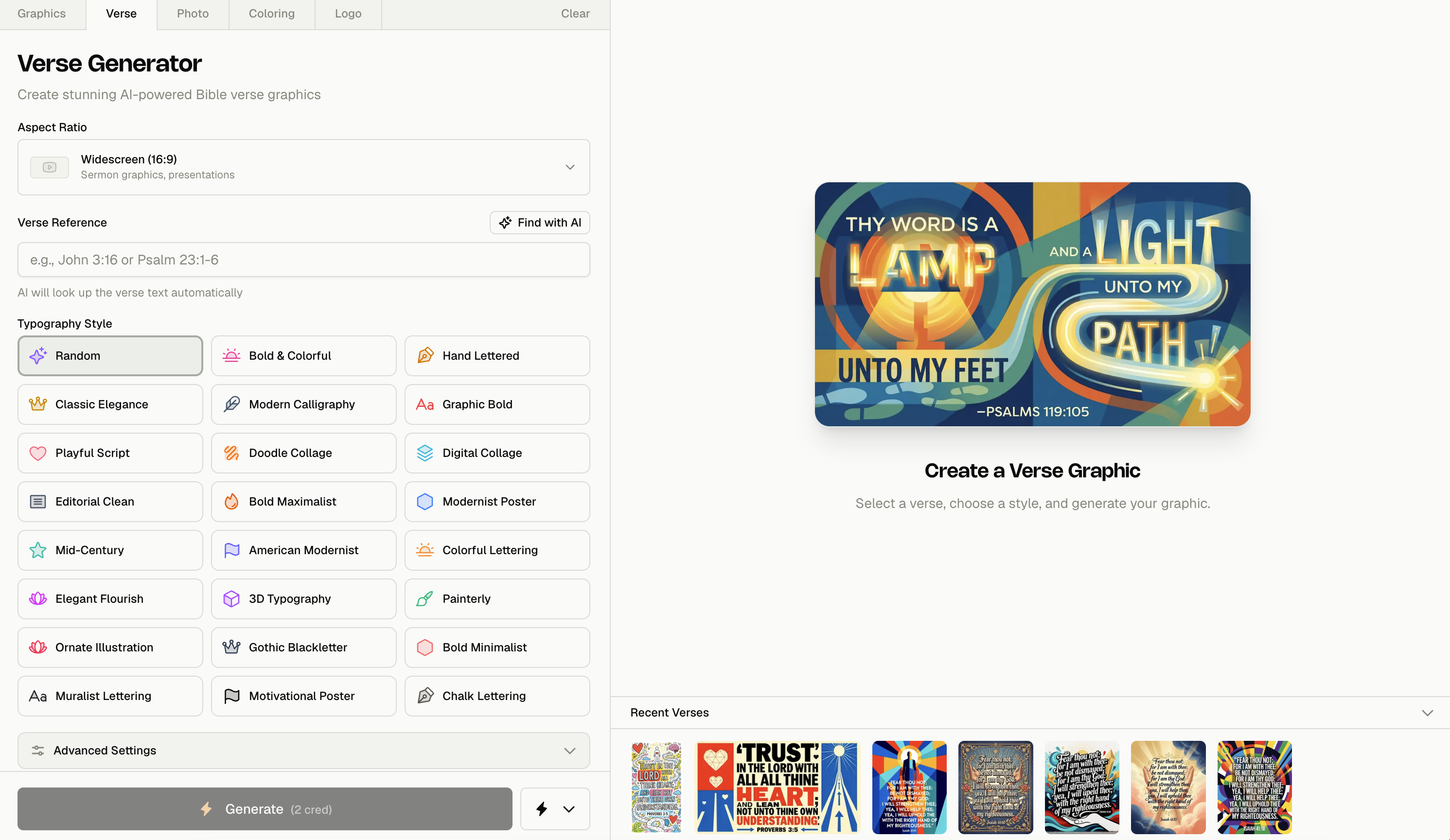 Church Canvas Verse Generator creating an AI Bible verse graphic