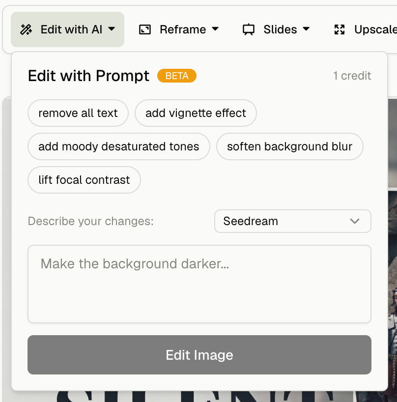 Church Canvas Edit with AI dialog updating a finished graphic from a plain-language prompt
