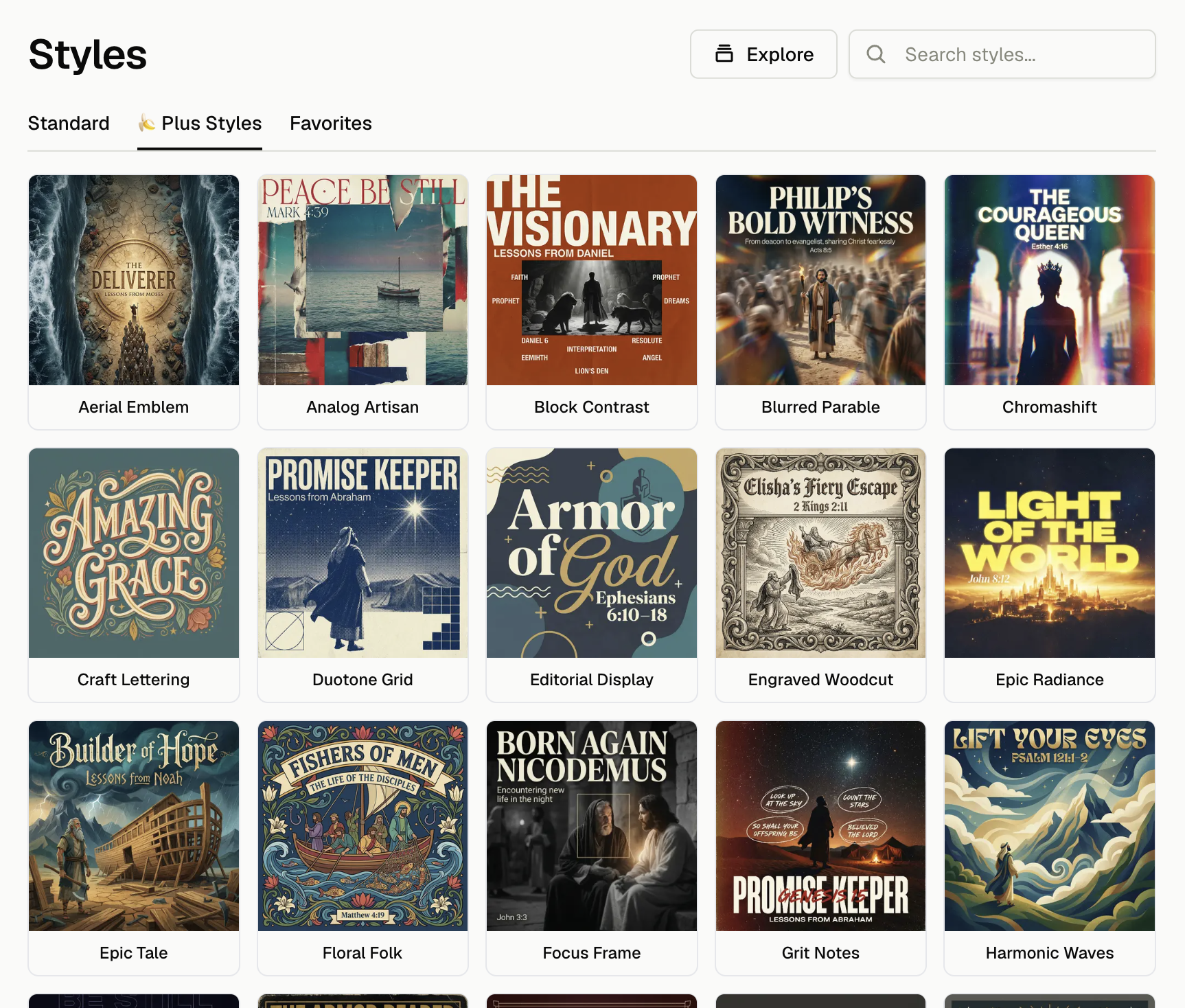 Church Canvas style gallery for generating church graphics in different visual styles