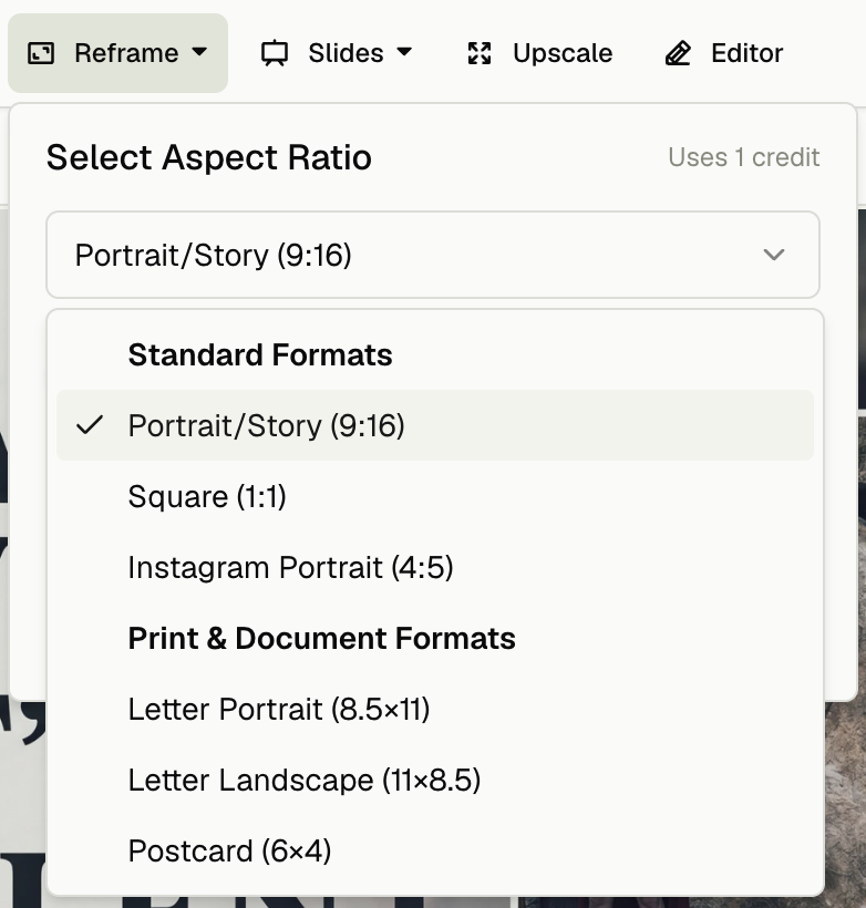 Church Canvas Reframe menu showing aspect ratio options