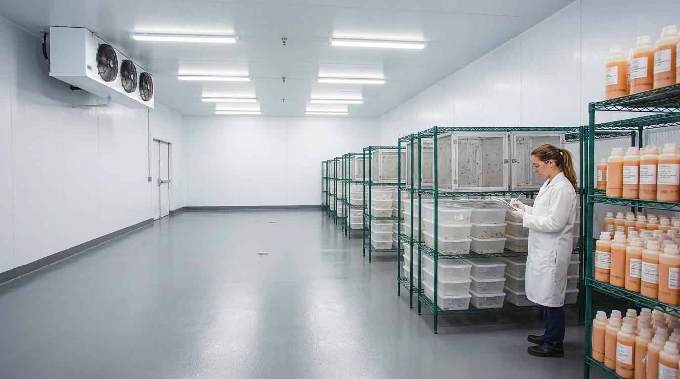 Interior of a controlled insect-rearing research room with contained research racks