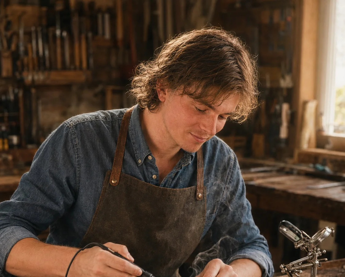 Otto soldering Telecaster electronics at his workshop bench