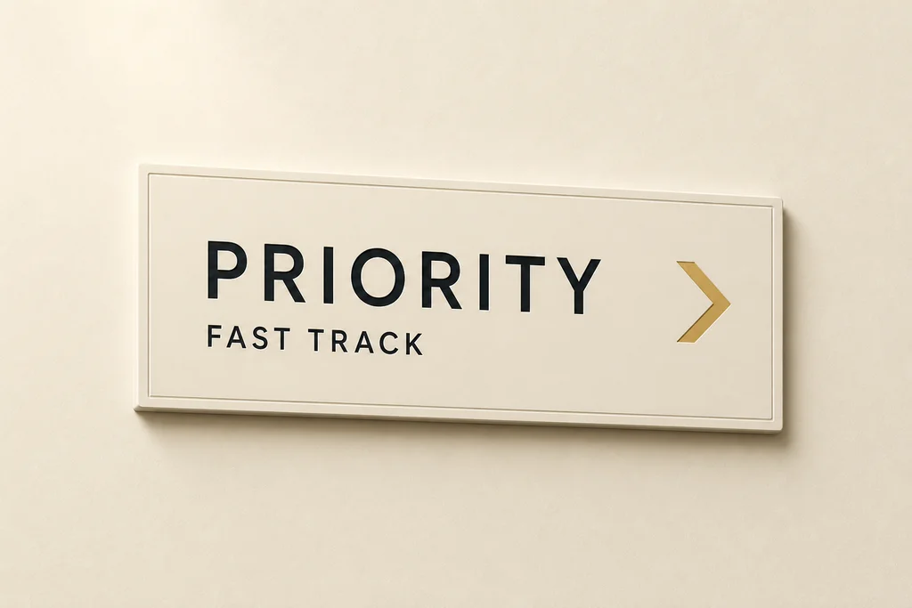 PRIORITY · FAST TRACK signage for international guests at Tune Clinic