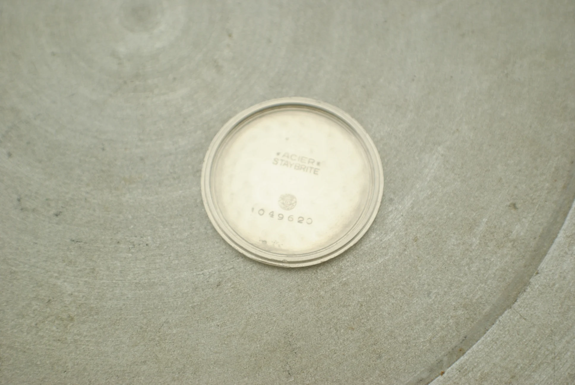 Inner caseback of the IWC Calatrava Hermet showing the Acier Staybrite marking