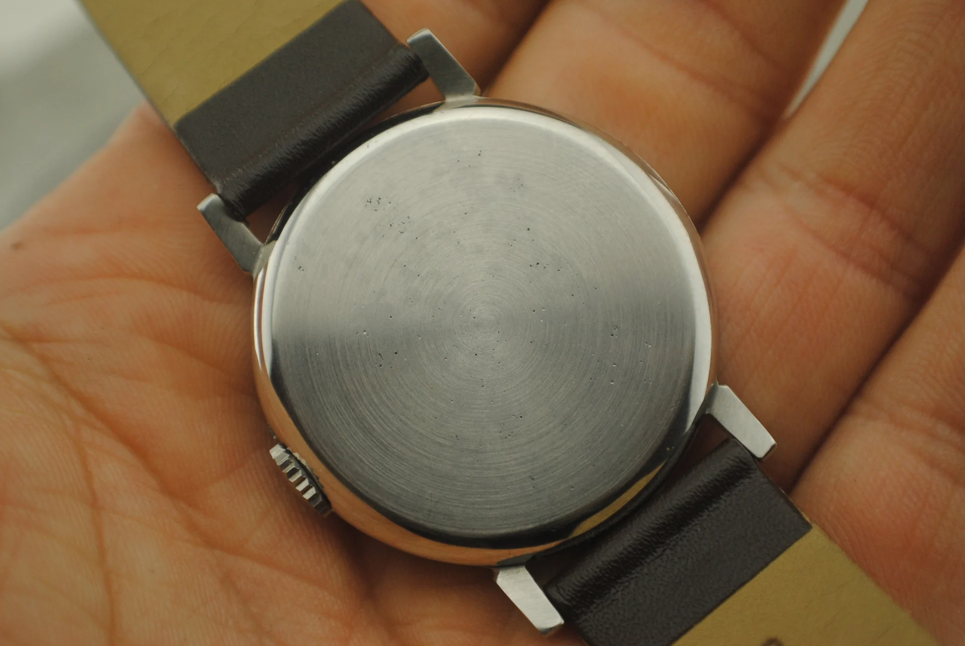 Handheld close-up of the closed Omega CK2015 Fagiolino caseback