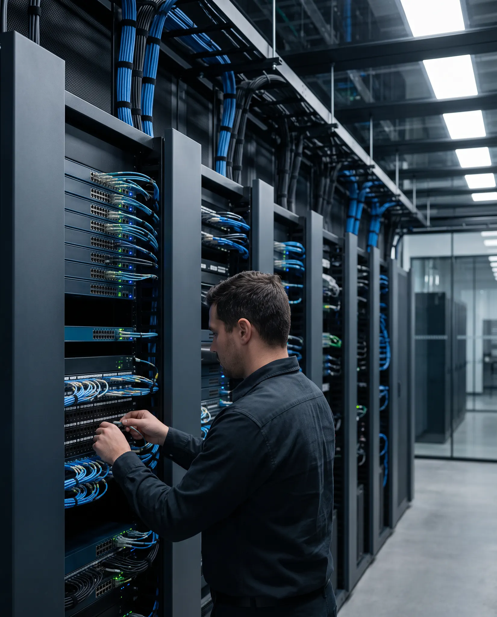 Network engineer working in a carrier-neutral interconnect room