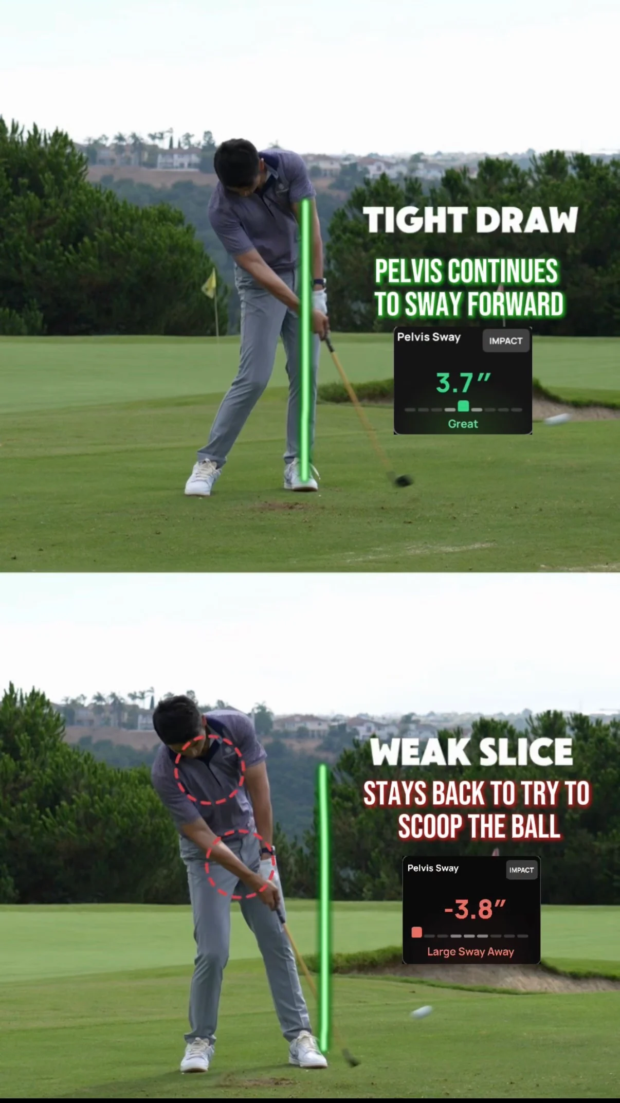 Tight draw pelvis sway continues forward through impact while a weak slice stays back