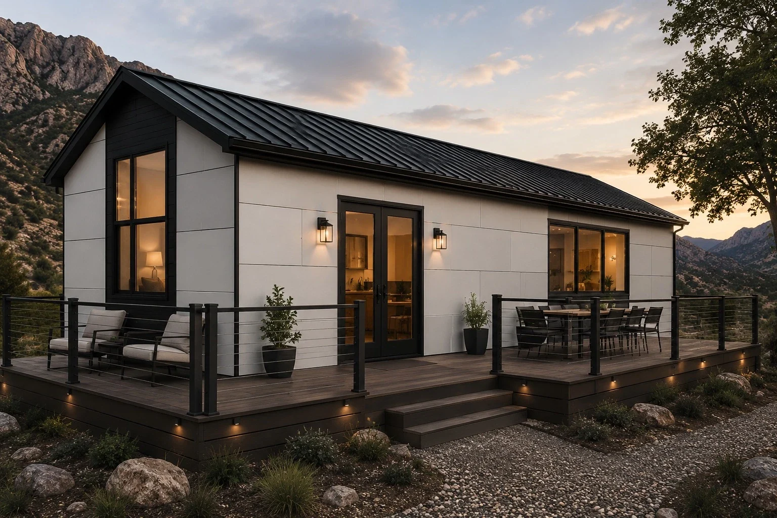 White Basecamp cabin with a black steel roof at sunset