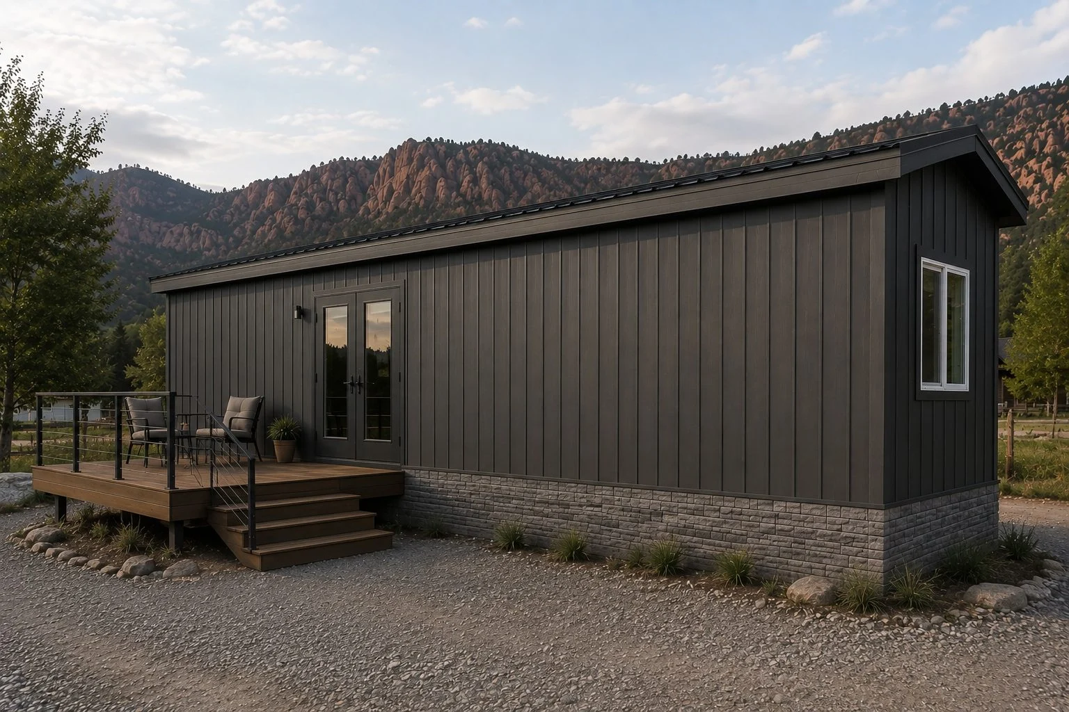 Basecamp cabin and deck against rocky mountains