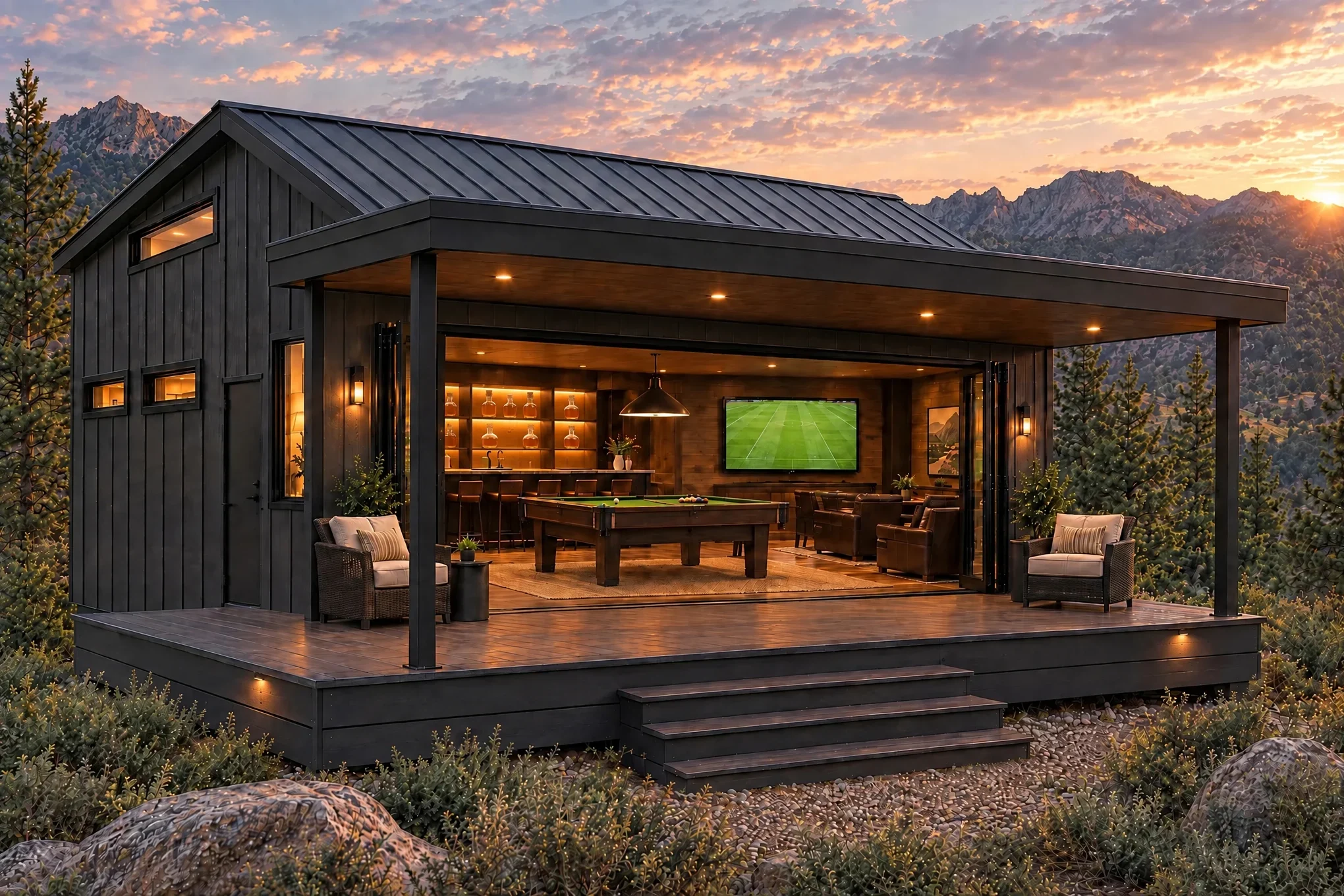 Concept rendering of the Executive Den with a solid covered deck, open folding glass doors, pool table, large sports-field TV and dark-wood bar with unlabeled glass bottles.
