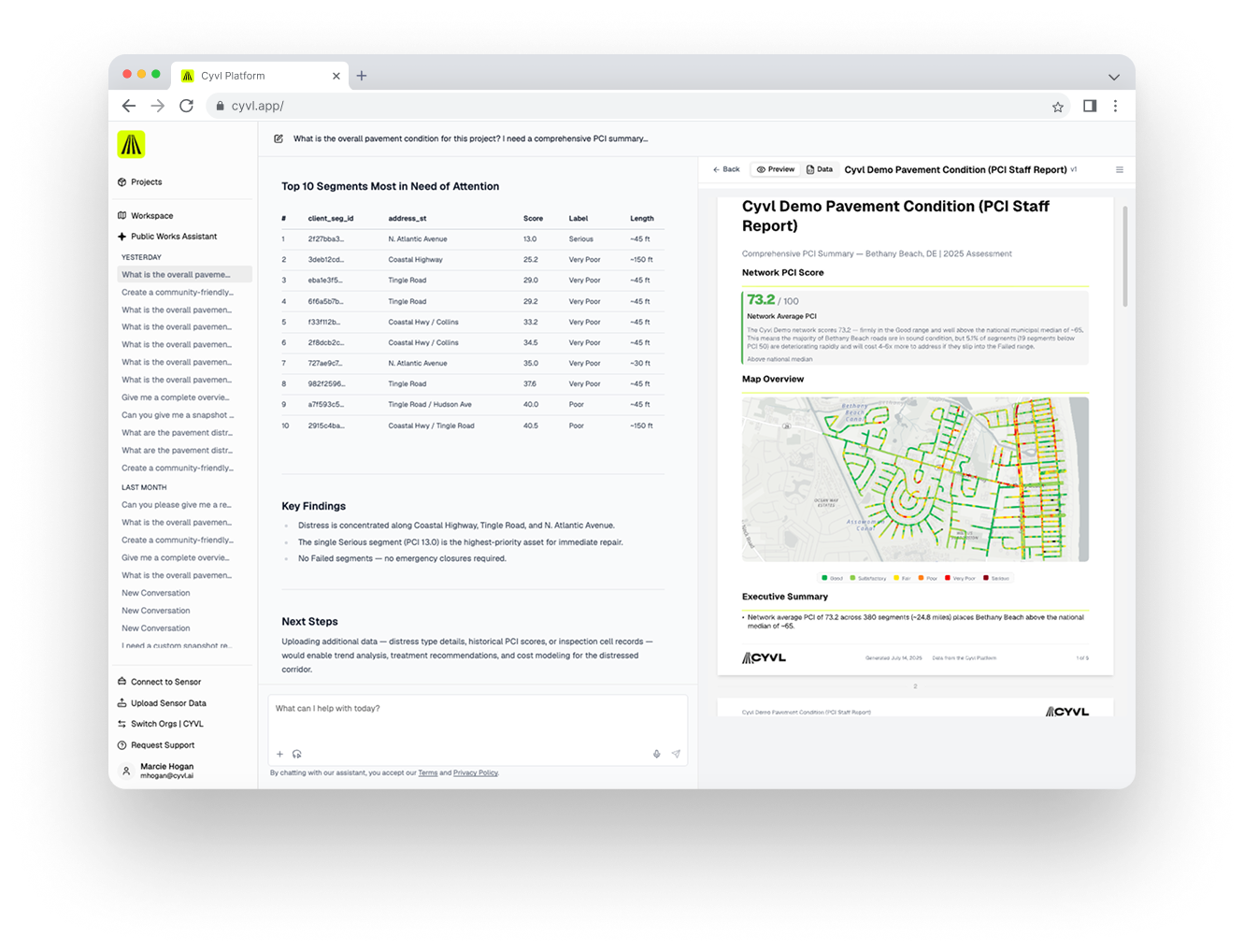 A CYVL Executive Snapshot — a presentation-ready pavement condition report generated from live data