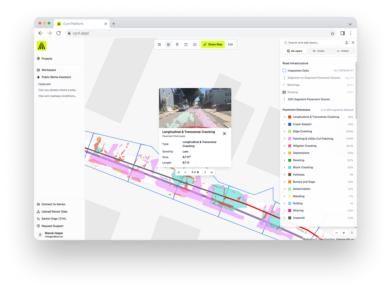 CYVL Map Viewer showing color-coded pavement distresses and a layers panel