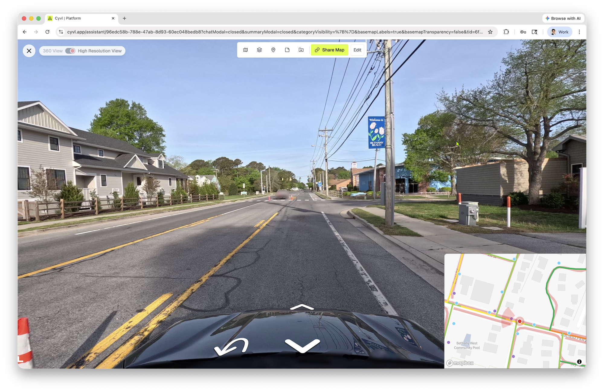 CYVL platform high-resolution 360° street view with detected assets and map inset