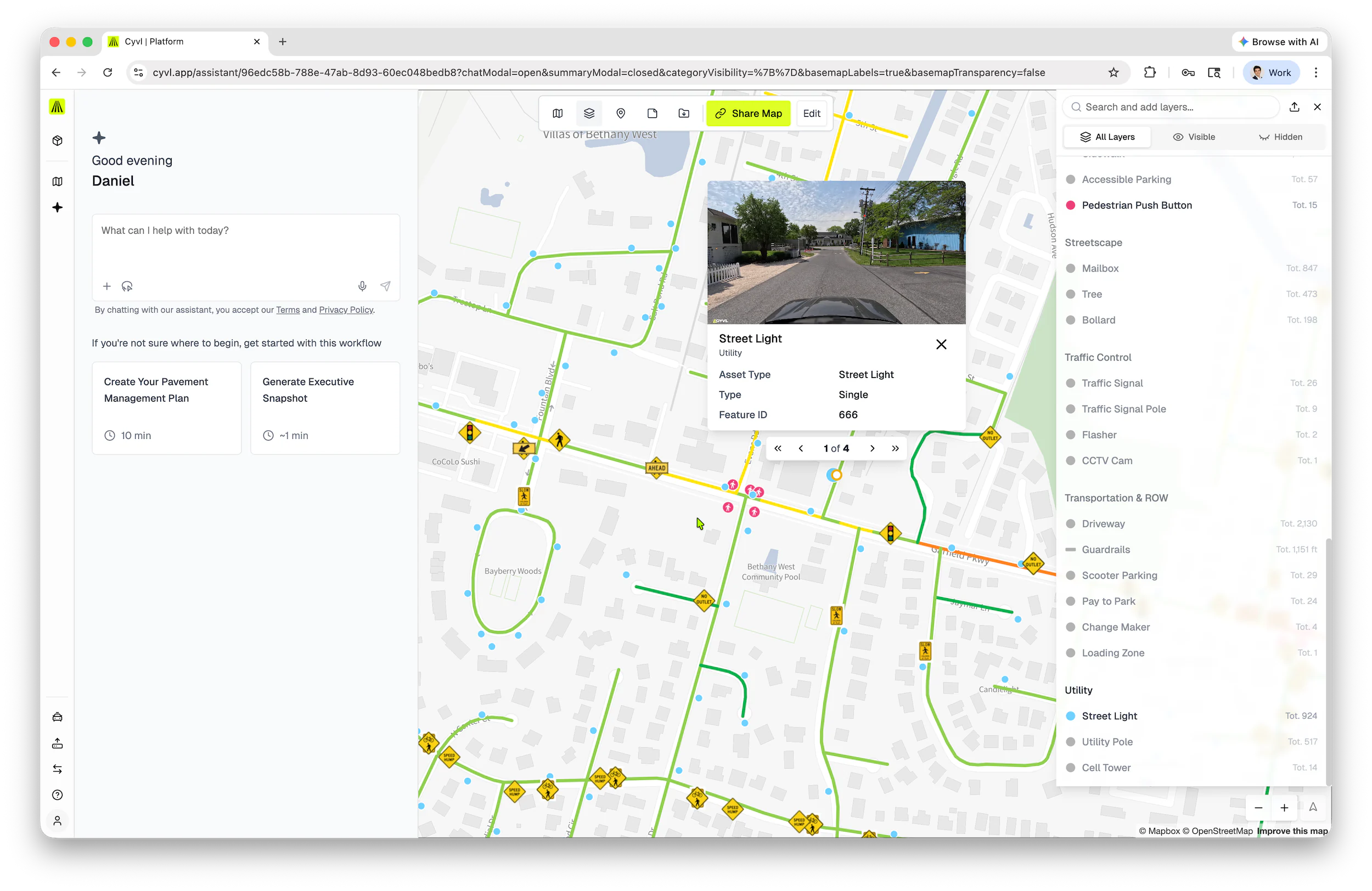 CYVL web platform — interactive asset map dashboard for viewing data, budgets, and work orders