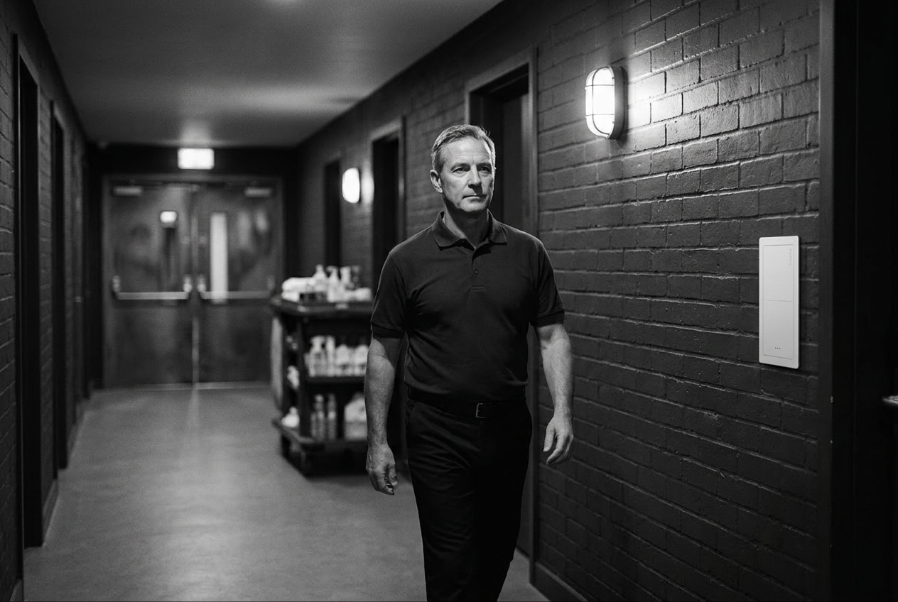 A hotel manager in a dark service polo walking with calm purpose down a back-of-house hotel service corridor.