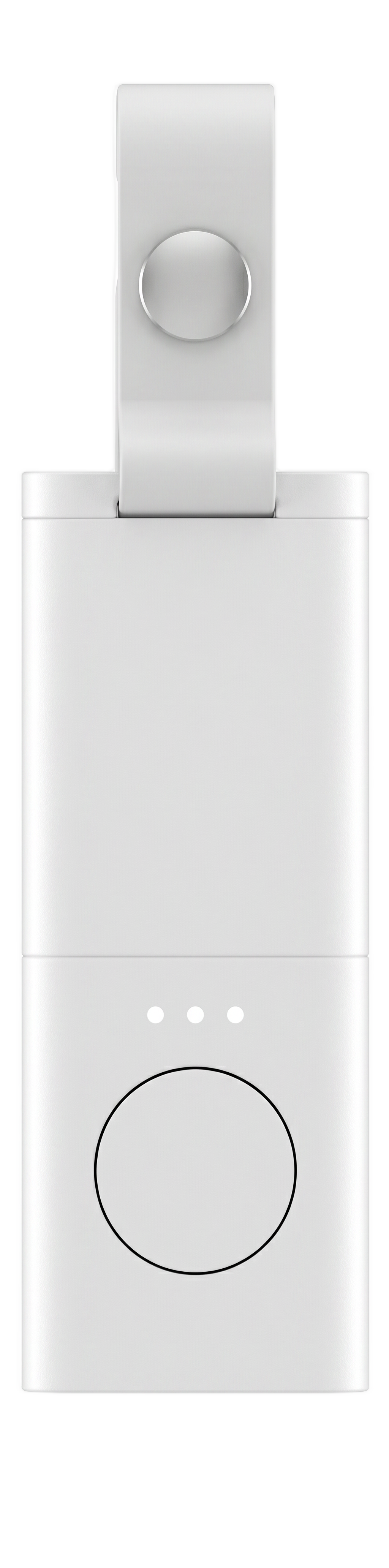 Firefly wearable panic button — vertical pill body with a clip strap, three indicator LEDs, and a circular push button on the front face.