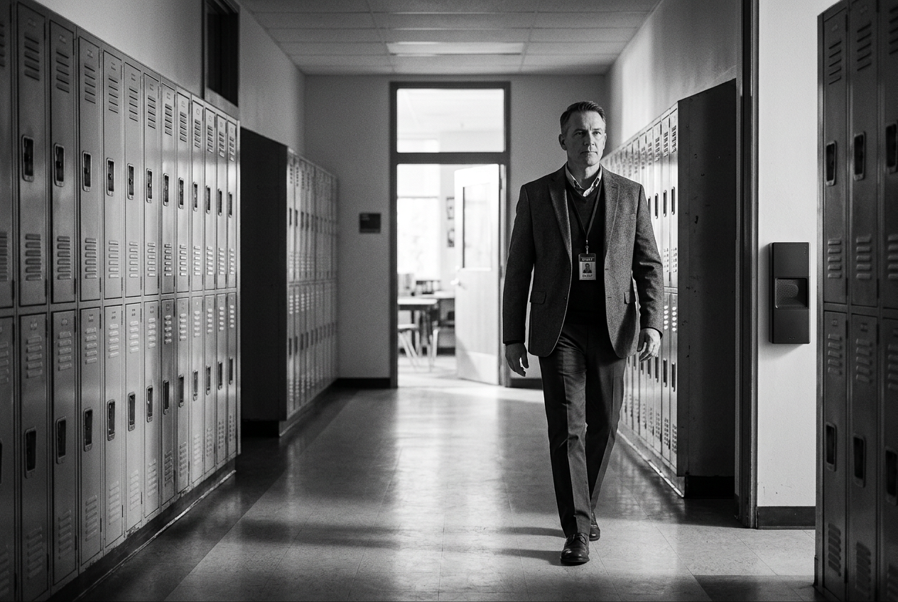 A school staff member with a lanyard ID badge walking with calm purpose down a school hallway lined with lockers.