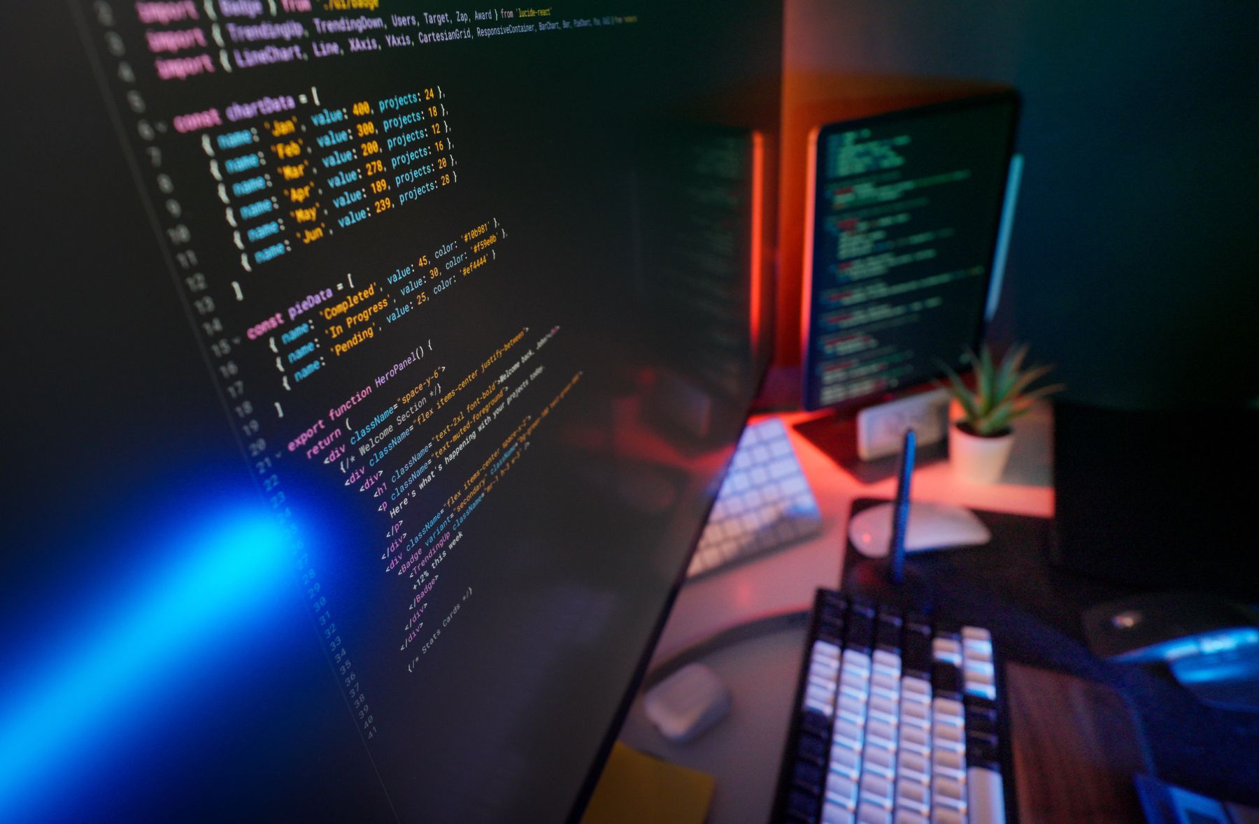 A color-rich development workspace showing connected code and operating systems