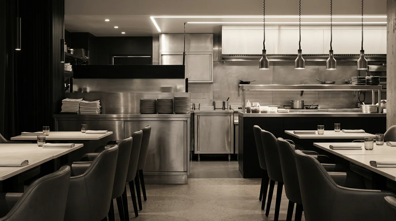 Empty restaurant dining room and kitchen prepared for service