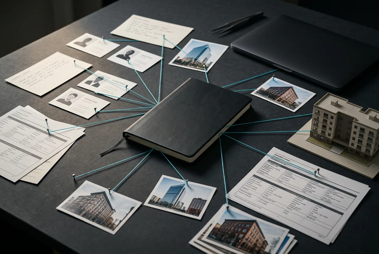 CRE contact cards, property photos, comp sheets, and a multifamily building model connected to a central black knowledge vault