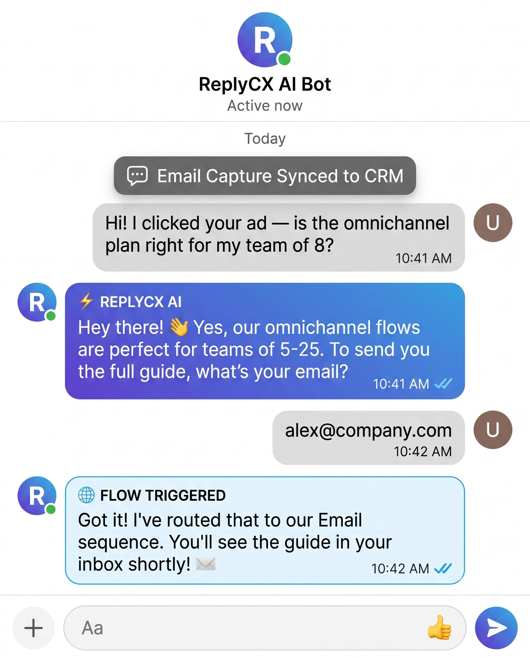 ReplyCX chatbot conversation in Facebook Messenger