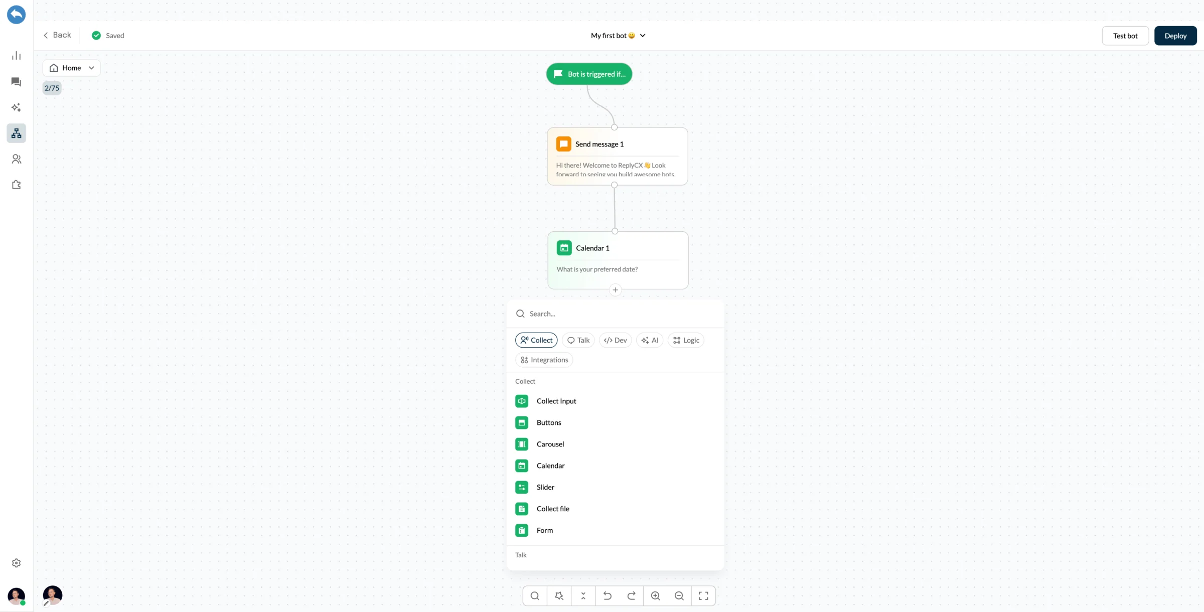 ReplyCX AI agent builder with a conversation flow on the canvas