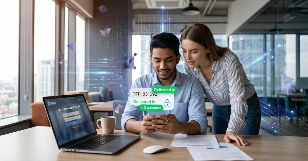 Smartphone displaying a fast and secure A2P SMS OTP delivery for a FinTech app.