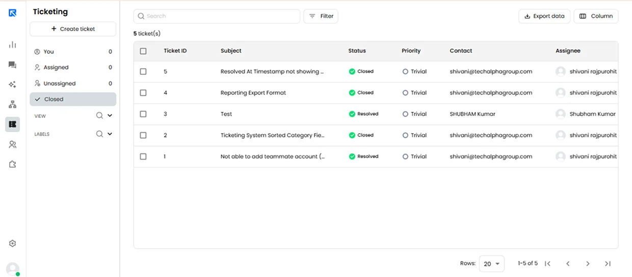 ReplyCX ticketing dashboard with ticket list, status and assignee columns