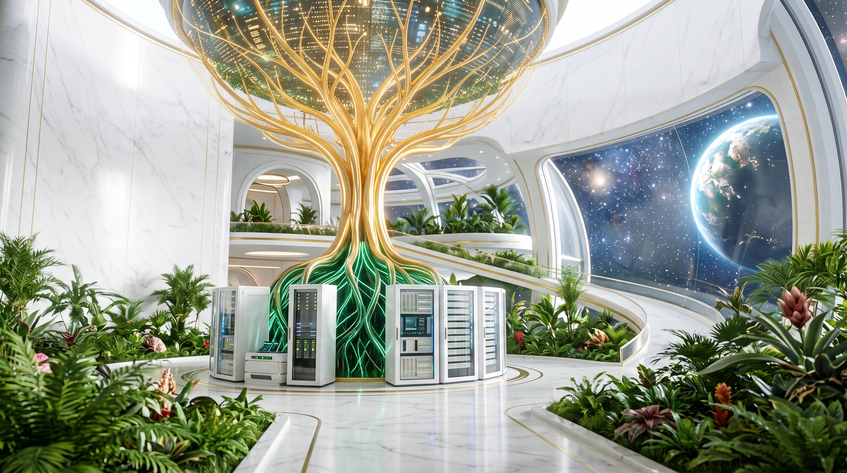 A luminous gold and emerald computational tree growing through a botanical data center in space.