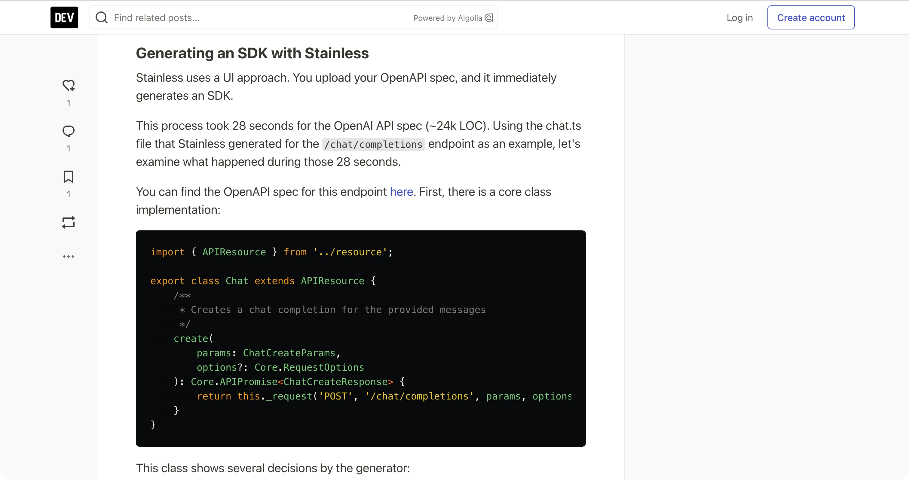 A dev.to guide walking through generating an SDK with Stainless, with a code sample